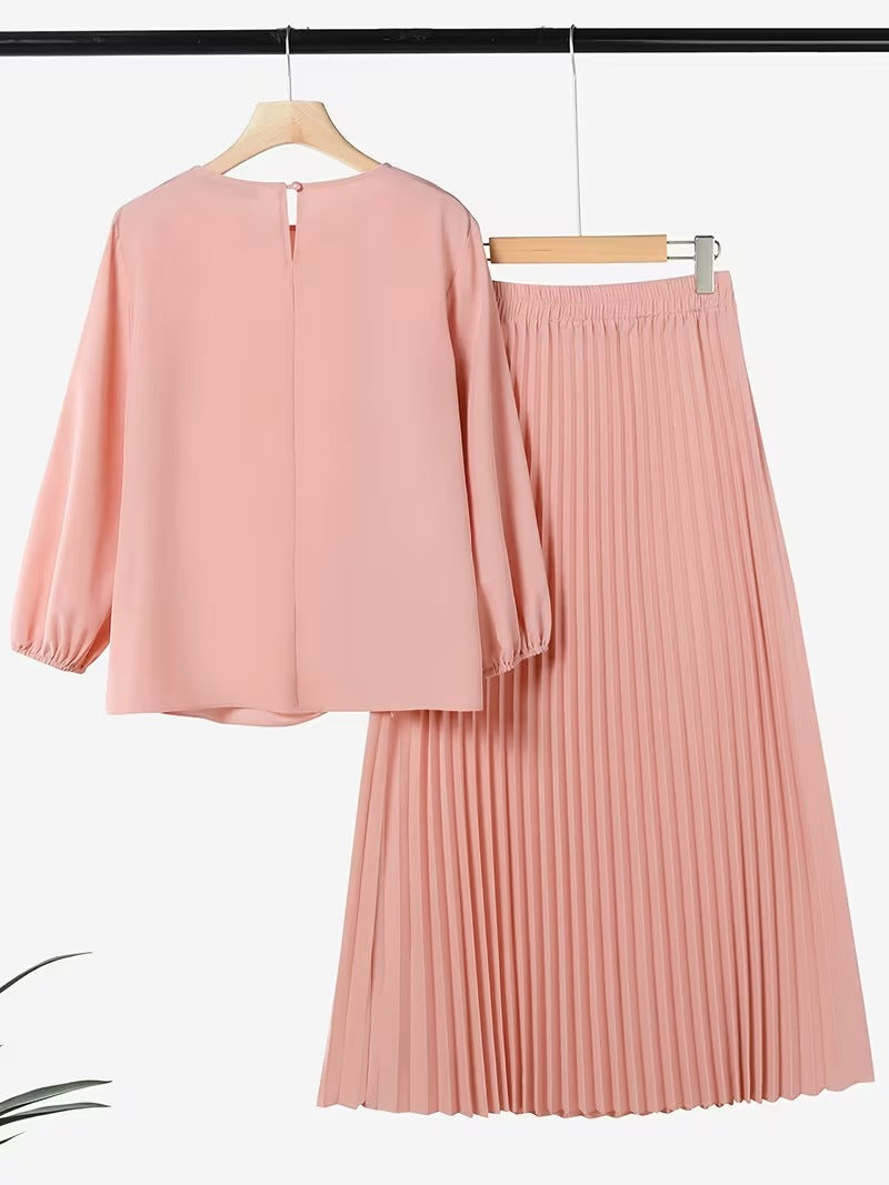 Sophisticated Button Detail Pleated Top & Skirt Co-Ord