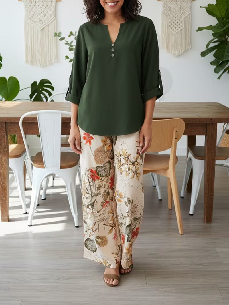 Graceful Tie-Neck Ruffle Top & Printed Pocket Trousers Set