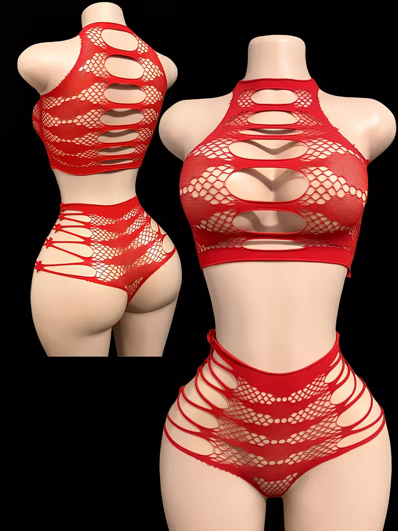 Elegant Lace & Fishnet Bodysuit Set