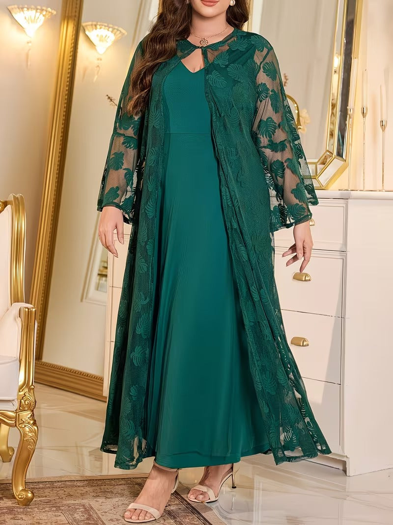 Luxury Plus Size Lace Cardigan with Lotus Sleeves & Elegant Maxi Dress