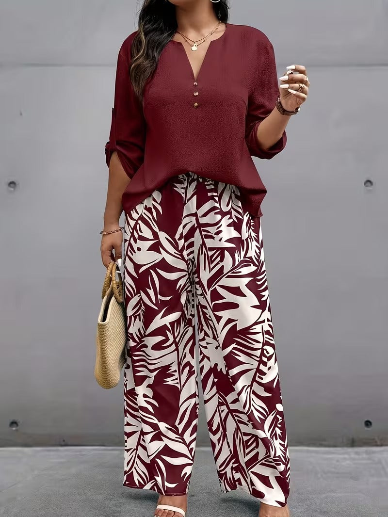 Graceful Tie-Neck Ruffle Top & Printed Pocket Trousers Set