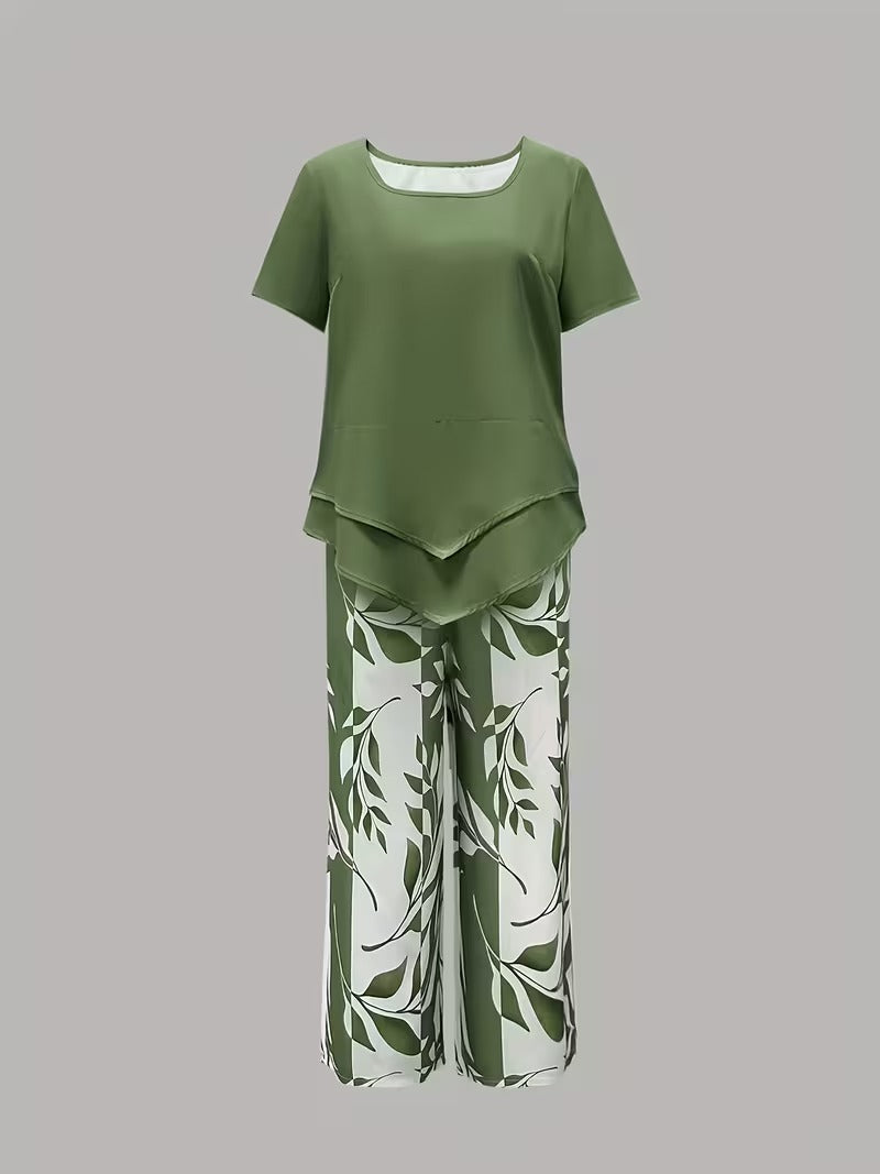 Graceful Tie-Neck Ruffle Top & Printed Pocket Trousers Set