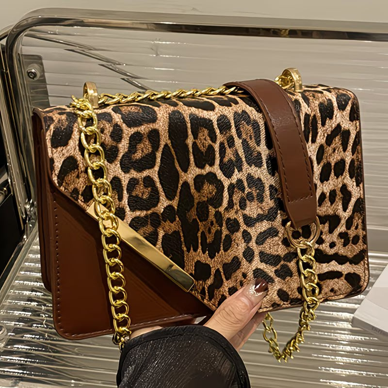 Women’s Leopard Patchwork Crossbody Bag – Magnetic Snap Vintage Shoulder Bag