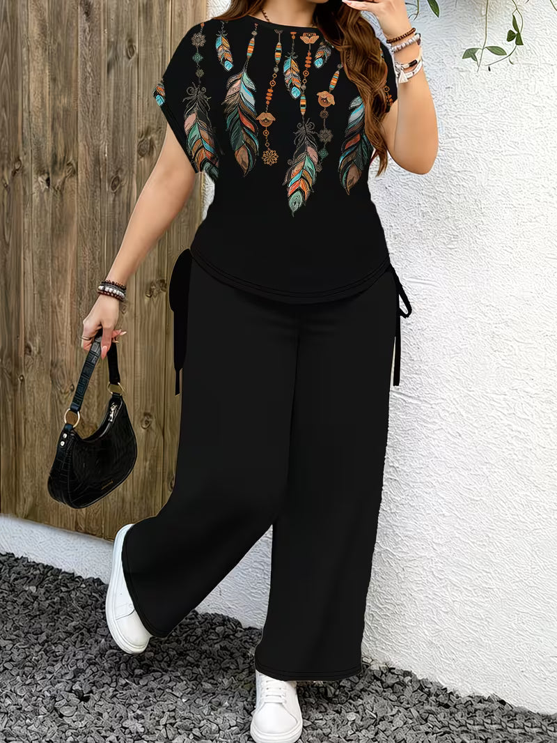 Plus Size Ethnic Print Co-Ord Set for Women – Loose Fit Top & Wide Leg Pants