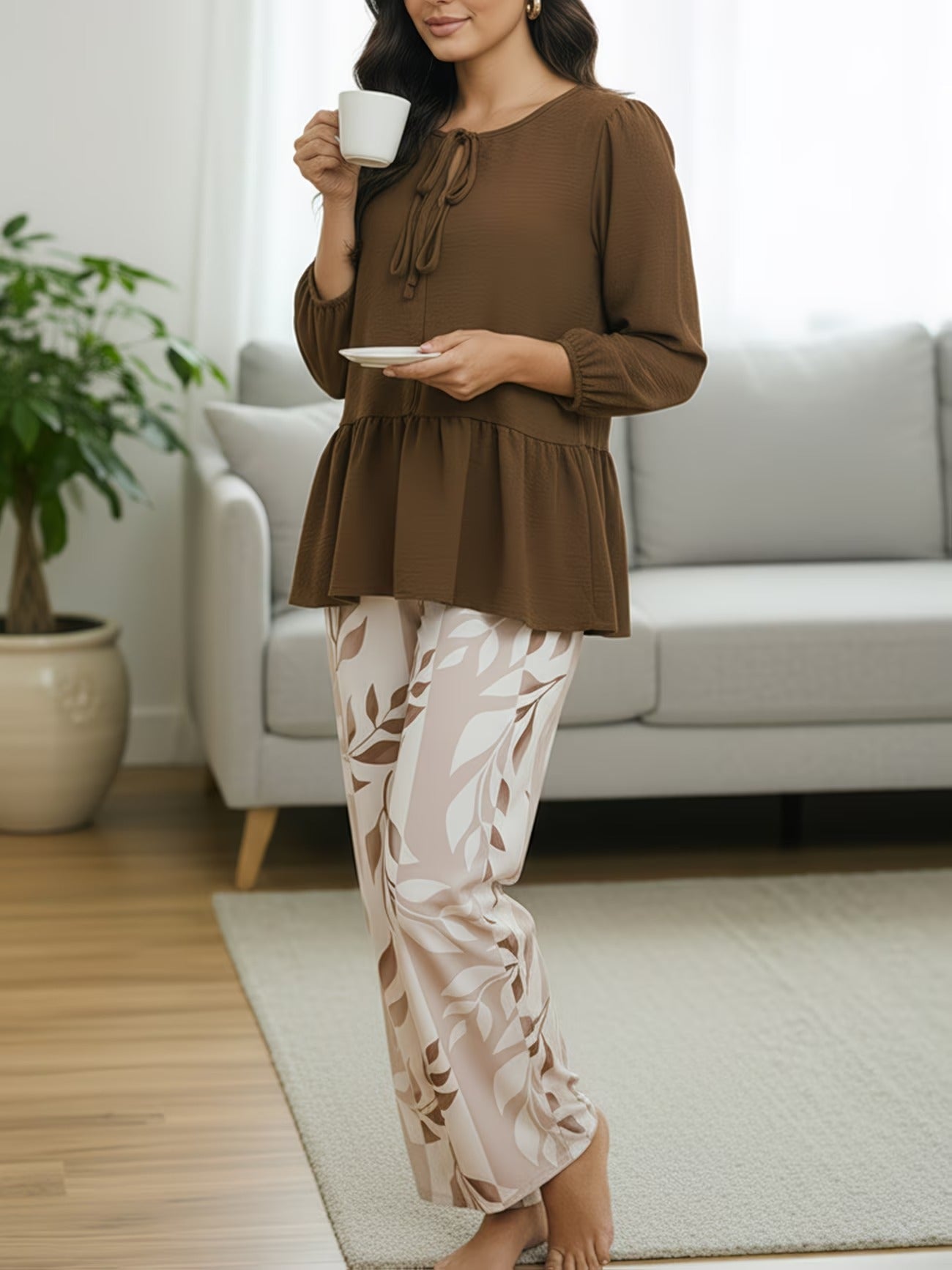 Graceful Tie-Neck Ruffle Top & Printed Pocket Trousers Set