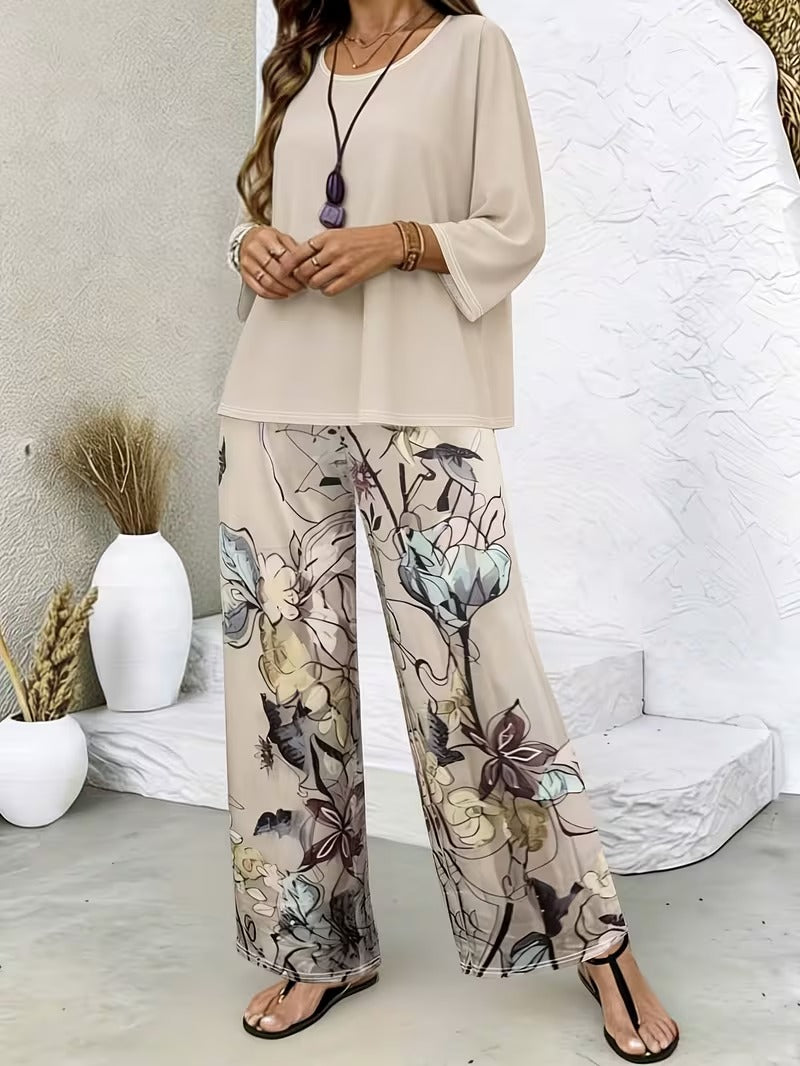 Graceful Tie-Neck Ruffle Top & Printed Pocket Trousers Set