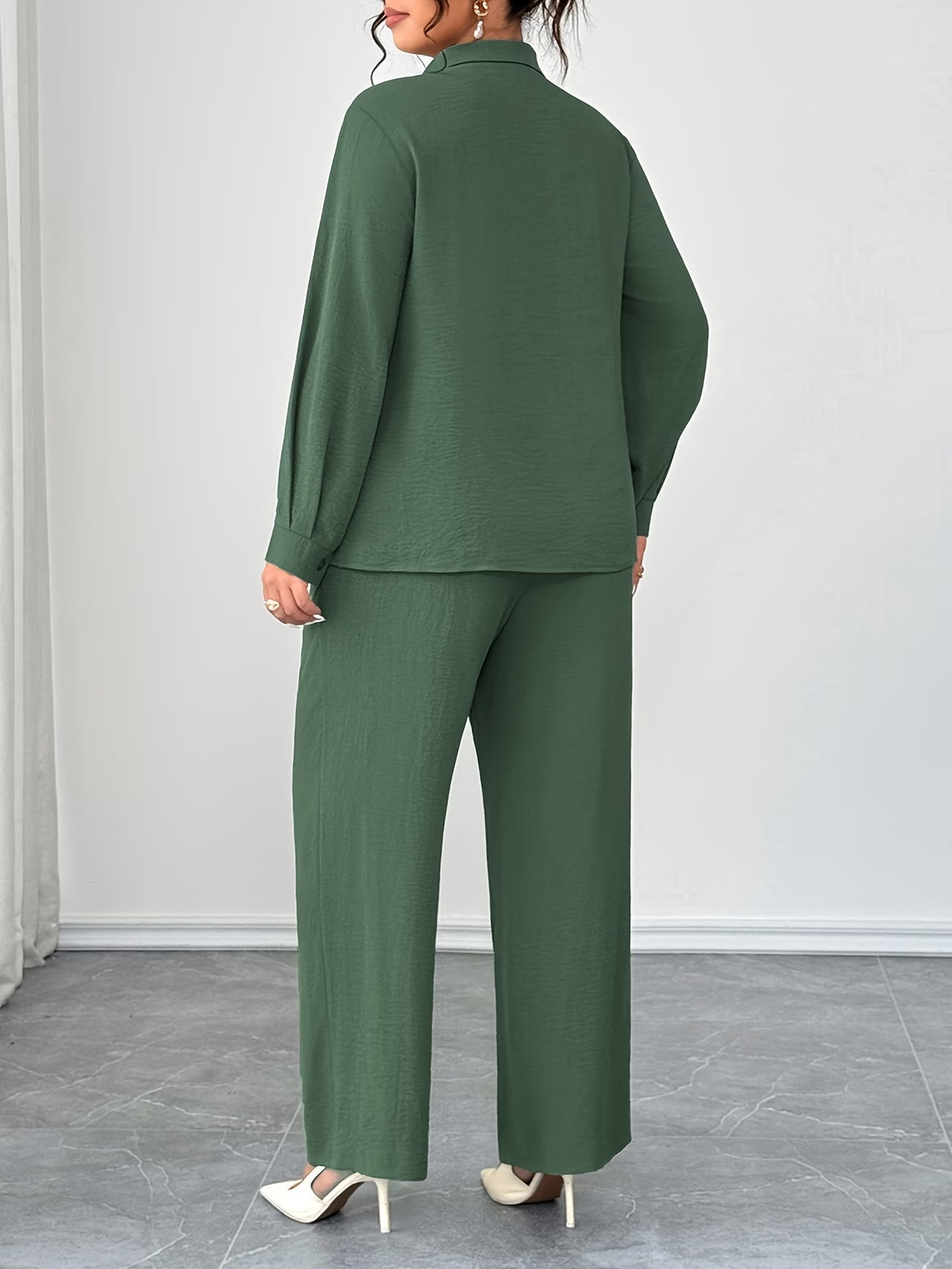 Plus Size Embroidered Oversized Co-Ord Set – Collared Shirt & Elastic Waist Straight-Leg Pants