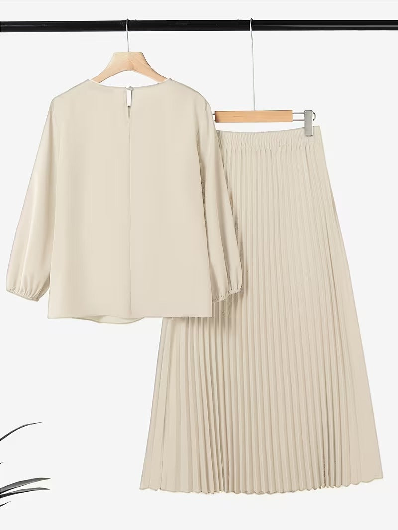 Sophisticated Button Detail Pleated Top & Skirt Co-Ord