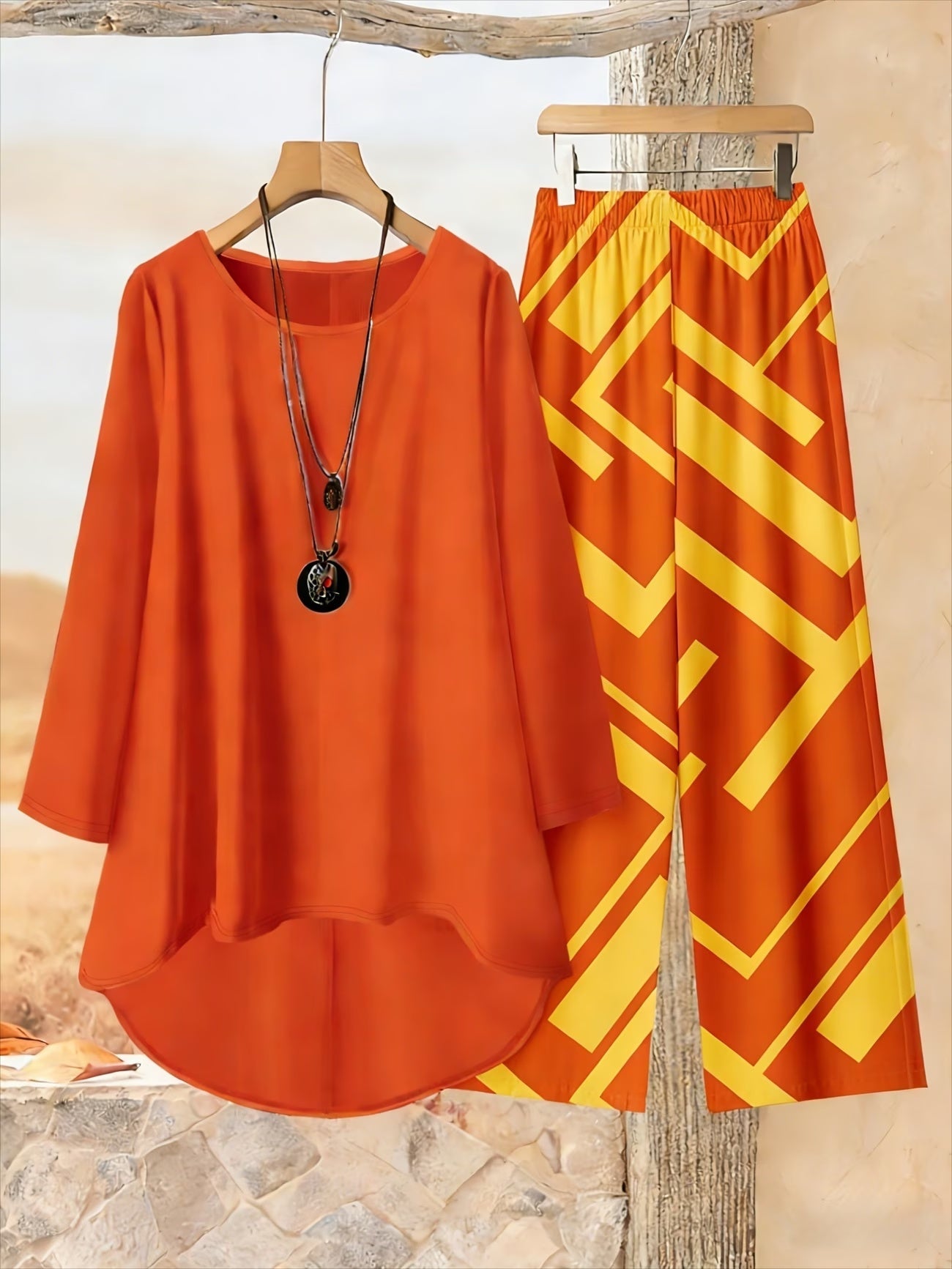 Plus Size Loose Net Top & Printed Pants Set – Stylish 2-Piece Casual Co-Ord Outfit