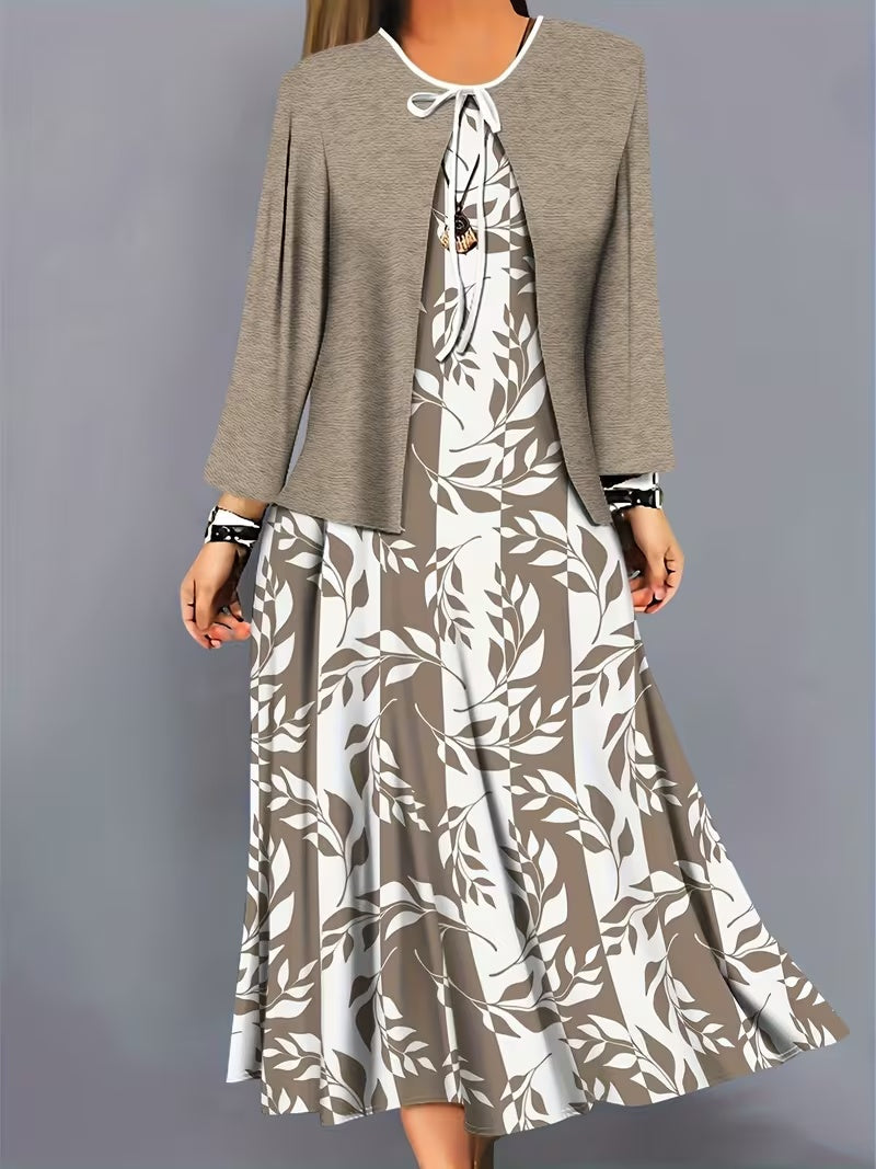 Elegant Geometric Print Co-Ord Set – Lapel Jacket, Vest & Long Skirt 3-Piece Outfit