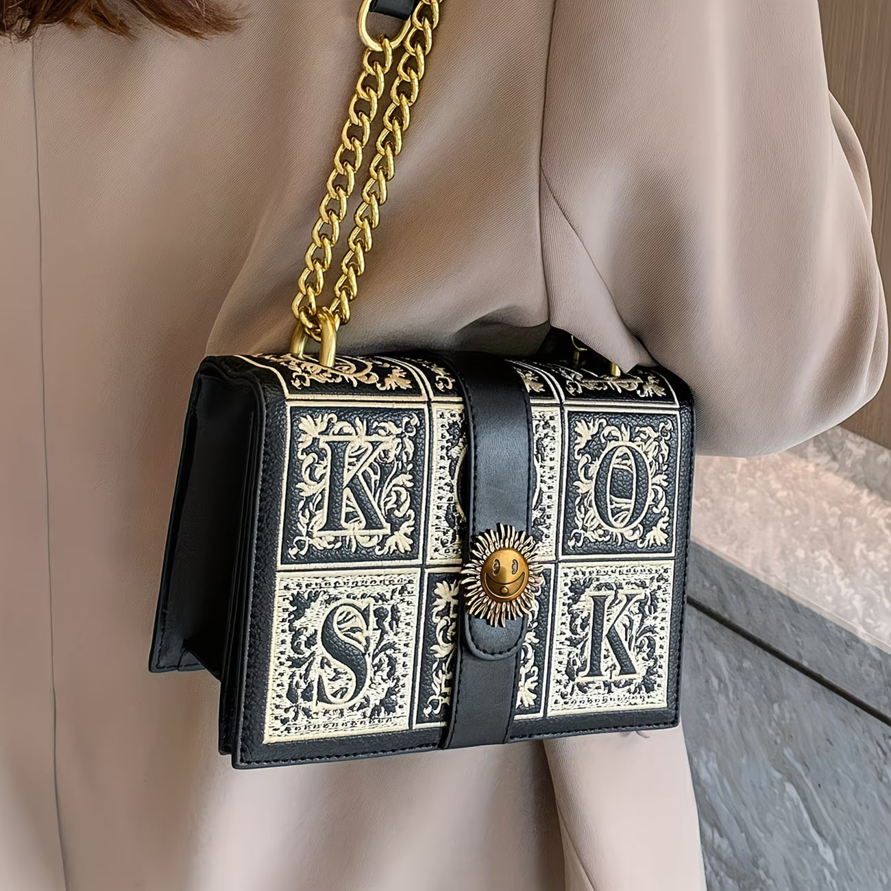LABOONOO Women’s Chain Crossbody Bag – Geometric Embroidery, Buckle Detail, Small Square Commuter Purse