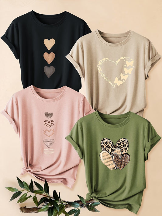 4PCS Women’s Vintage Valentine Print T-Shirts – Short Sleeve Round Neck Casual Tees