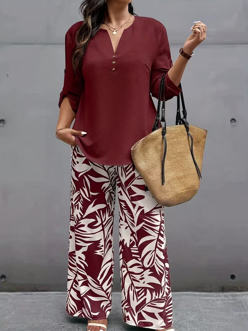Graceful Tie-Neck Ruffle Top & Printed Pocket Trousers Set