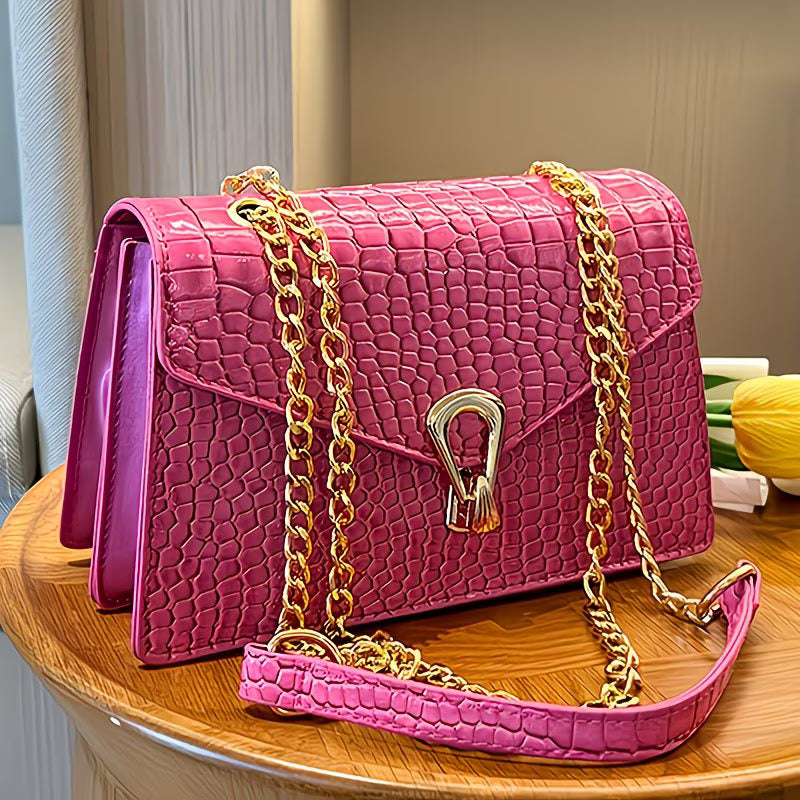 Pink Snake Print & Black Croc Crossbody Bag