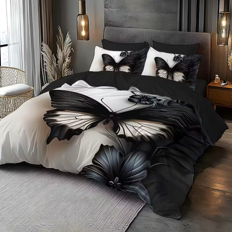 Luxury Dark Butterfly Digital Print Duvet Cover Set – Soft Brushed Polyester Bedding