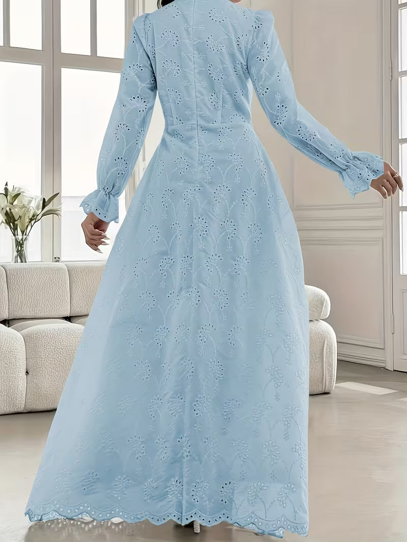 French Embroidered Puff Sleeve Dress – Elegant Ruffle Stand Collar Style