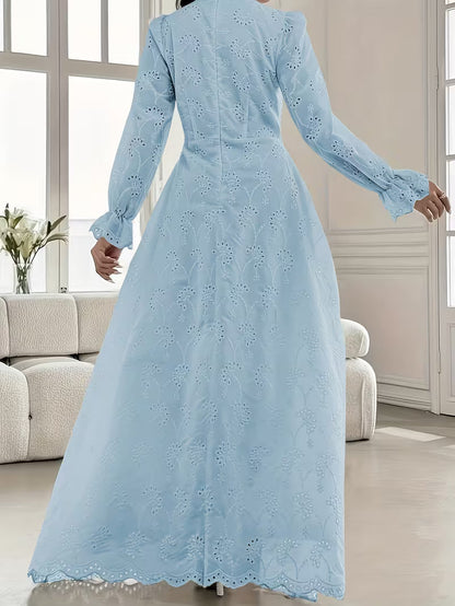 French Embroidered Puff Sleeve Dress – Elegant Ruffle Stand Collar Style