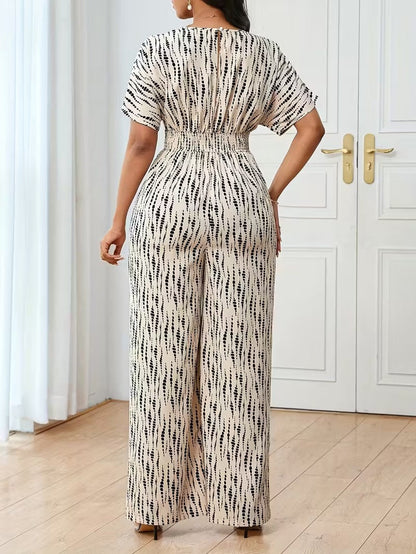 Modern Contrast Print V-Neck Jumpsuit with Elastic Waist & Belt