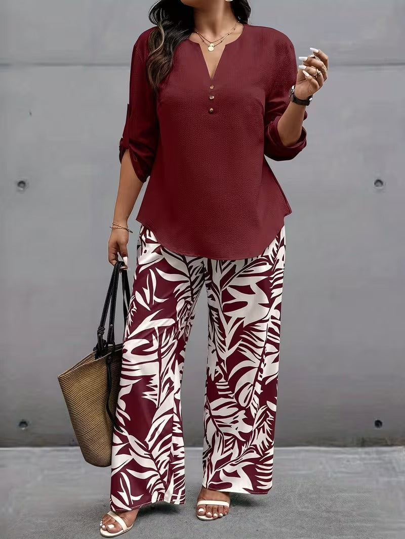 Graceful Tie-Neck Ruffle Top & Printed Pocket Trousers Set