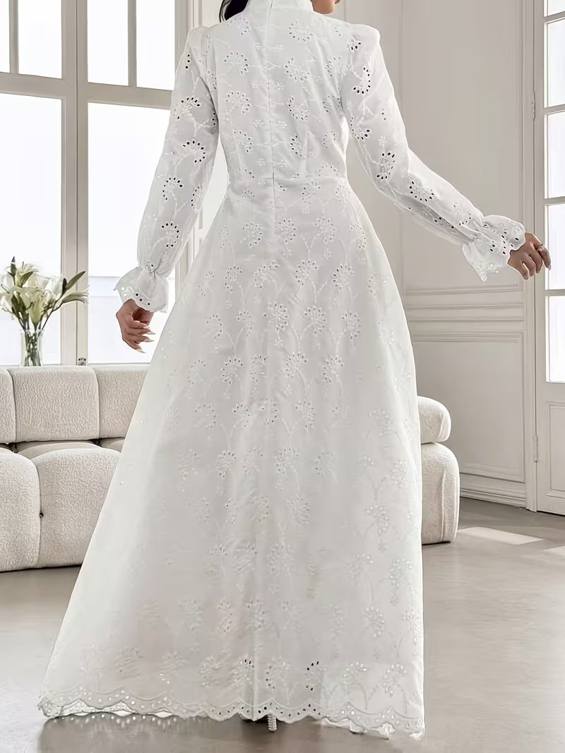 French Embroidered Puff Sleeve Dress – Elegant Ruffle Stand Collar Style