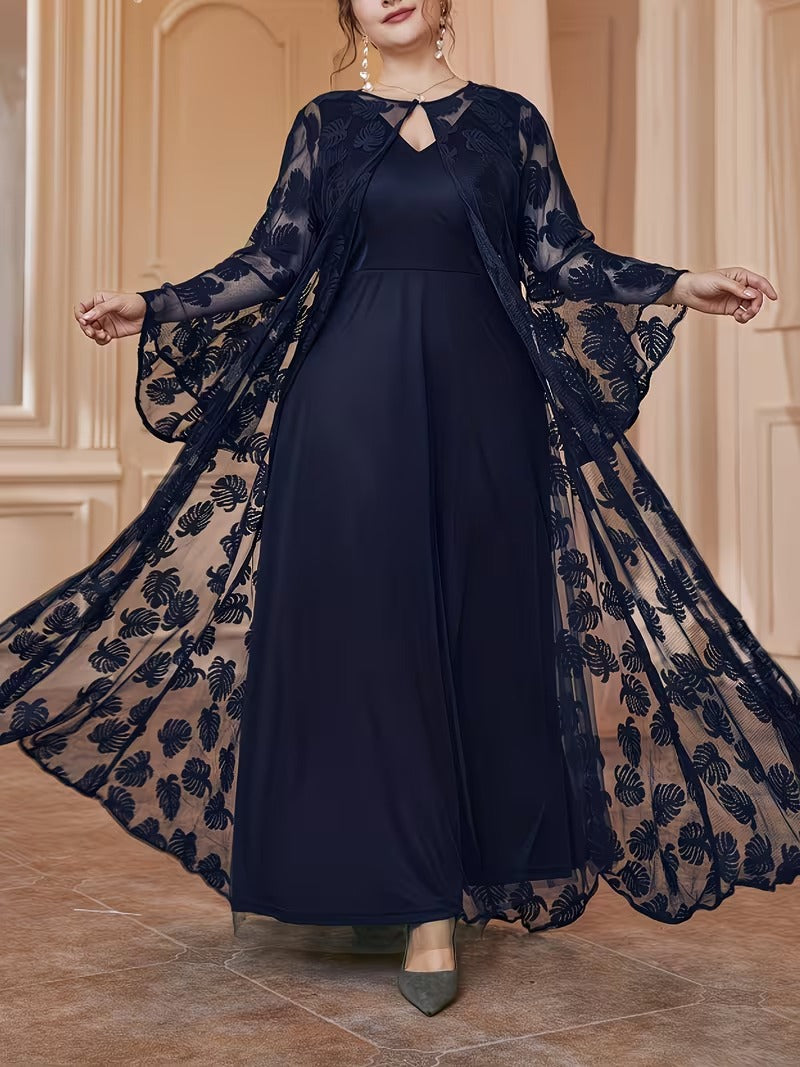 Luxury Plus Size Lace Cardigan with Lotus Sleeves & Elegant Maxi Dress