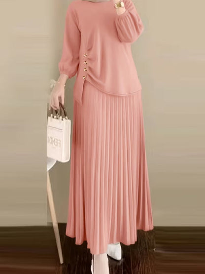 Sophisticated Button Detail Pleated Top & Skirt Co-Ord