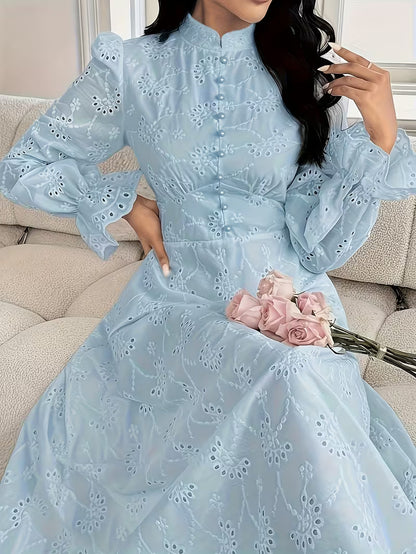 French Embroidered Puff Sleeve Dress – Elegant Ruffle Stand Collar Style
