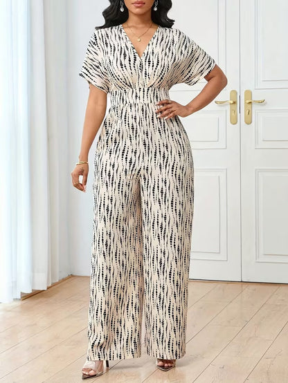 Modern Contrast Print V-Neck Jumpsuit with Elastic Waist & Belt