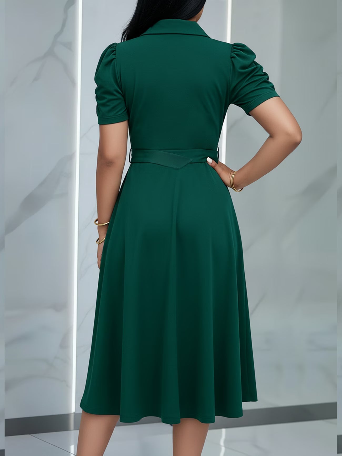 Women’s Lapel Collar Midi Dress with Tie Hem