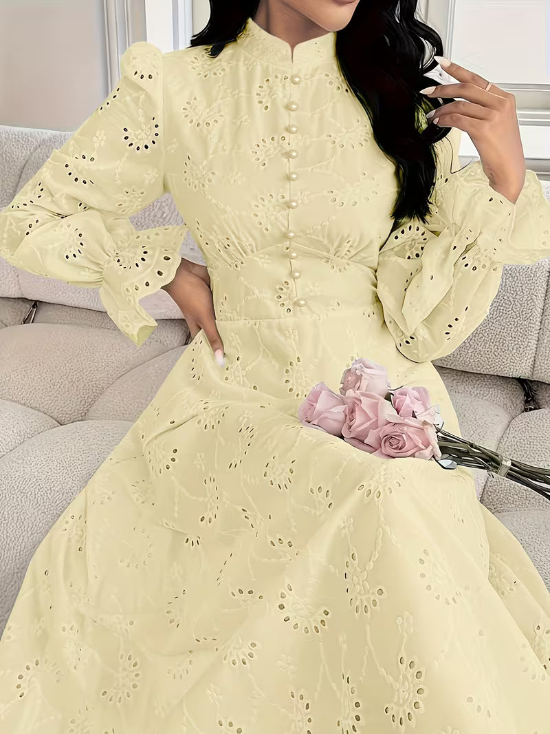 French Embroidered Puff Sleeve Dress – Elegant Ruffle Stand Collar Style