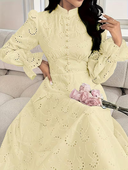 French Embroidered Puff Sleeve Dress – Elegant Ruffle Stand Collar Style