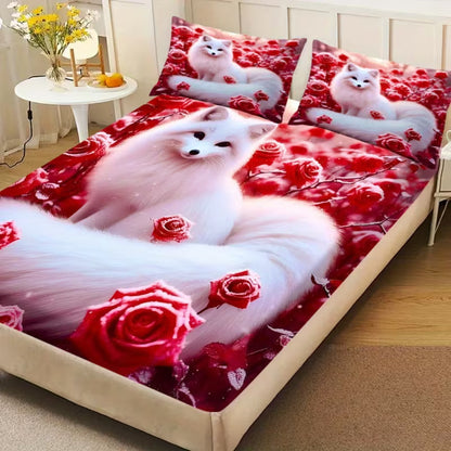 Luxury Rose Pattern Flannel Fitted Bedsheet Set with Pillowcases – Soft Deep Pocket Mattress Cover