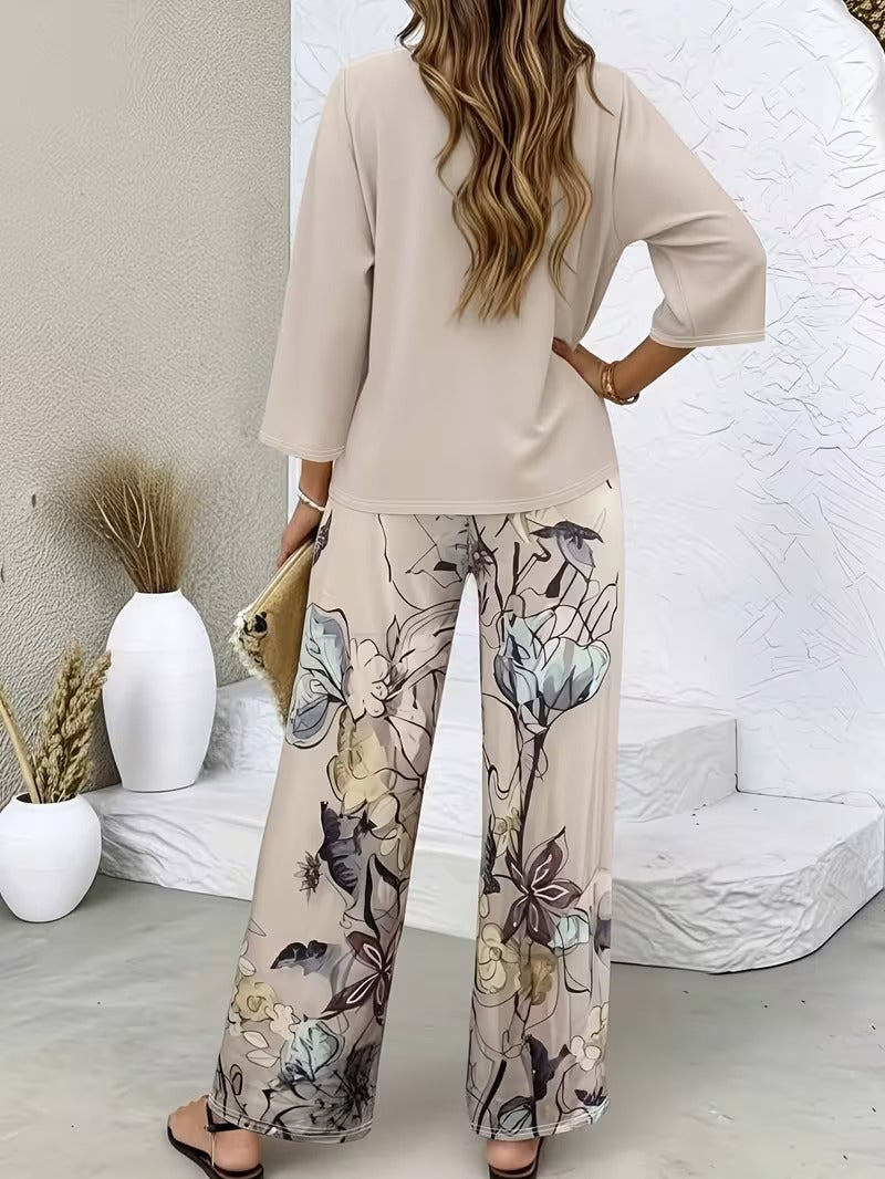Graceful Tie-Neck Ruffle Top & Printed Pocket Trousers Set