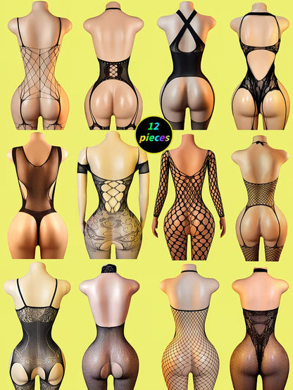 Elegant Lace & Fishnet Bodysuit Set