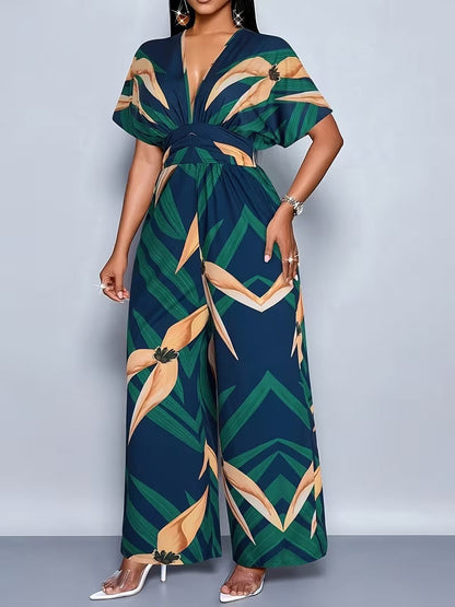 Modern Contrast Print V-Neck Jumpsuit with Elastic Waist & Belt
