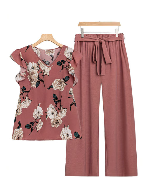 Paisley Elegance V-Neck Pleated Co-Ord Set