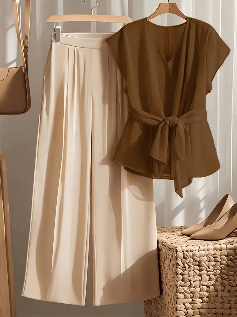 Chic Curve Tie-Up V Neck & Wide-Leg Set