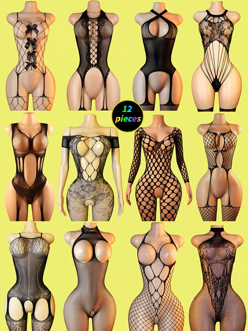 Elegant Lace & Fishnet Bodysuit Set
