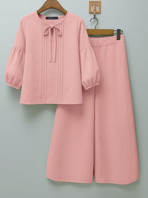 Luxe Bow-Knot Pleated Blouse & Wide-Leg Pants Co-Ord Set