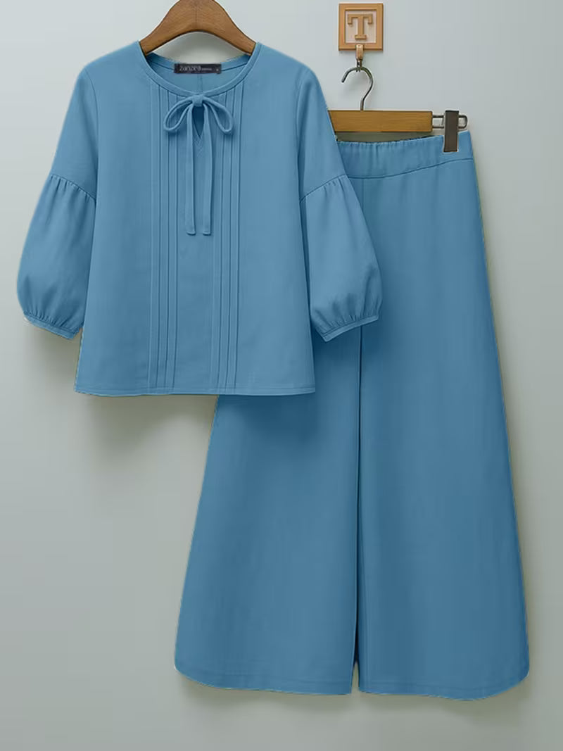 Luxe Bow-Knot Pleated Blouse & Wide-Leg Pants Co-Ord Set
