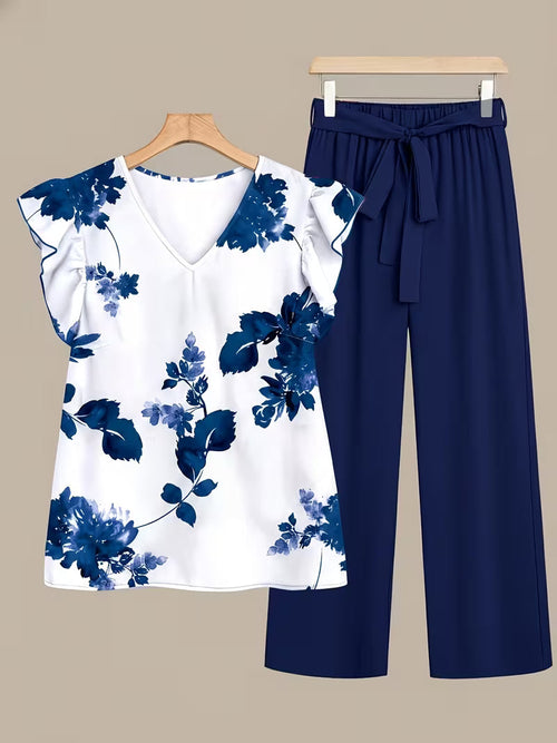 Paisley Elegance V-Neck Pleated Co-Ord Set