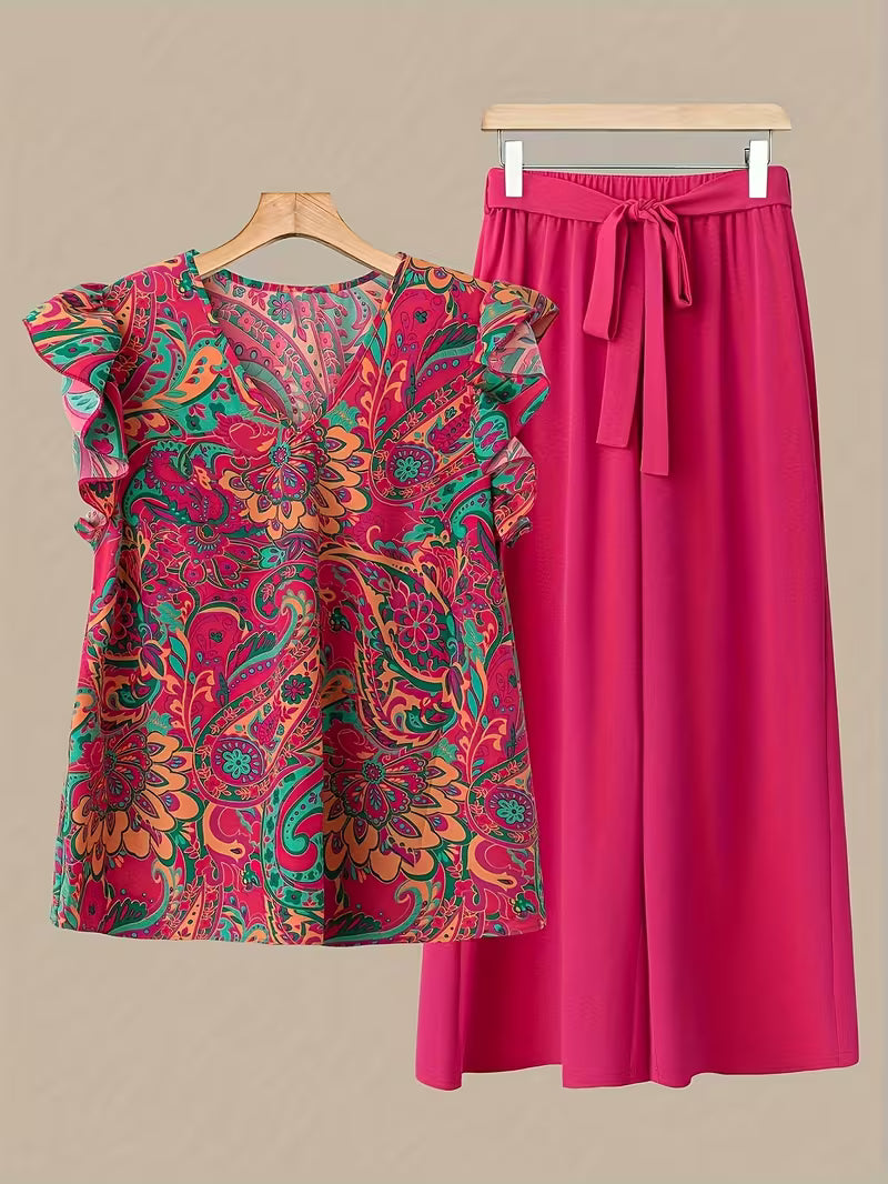 Paisley Elegance V-Neck Pleated Co-Ord Set