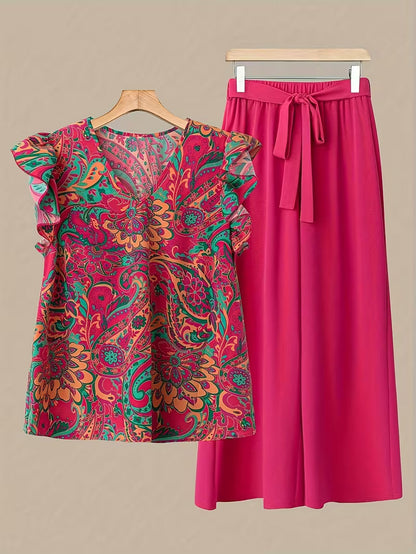 Paisley Elegance V-Neck Pleated Co-Ord Set