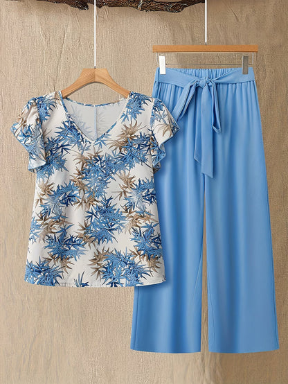 Paisley Elegance V-Neck Pleated Co-Ord Set