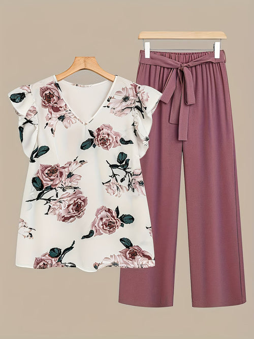 Paisley Elegance V-Neck Pleated Co-Ord Set