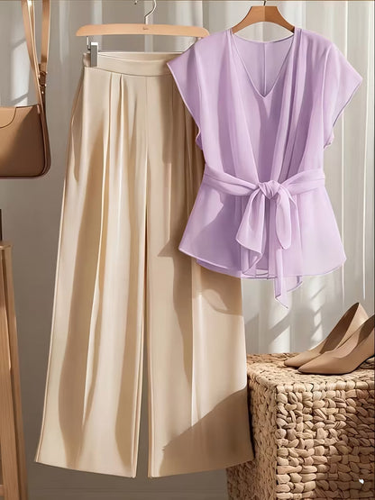 Chic Curve Tie-Up V Neck & Wide-Leg Set