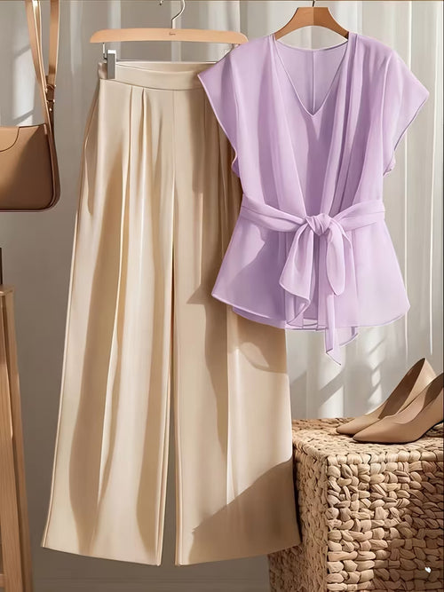 Chic Curve Tie-Up V Neck & Wide-Leg Set