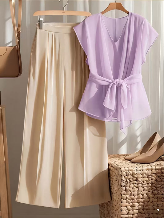 Chic Curve Tie-Up V Neck & Wide-Leg Set