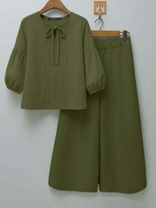Luxe Bow-Knot Pleated Blouse & Wide-Leg Pants Co-Ord Set