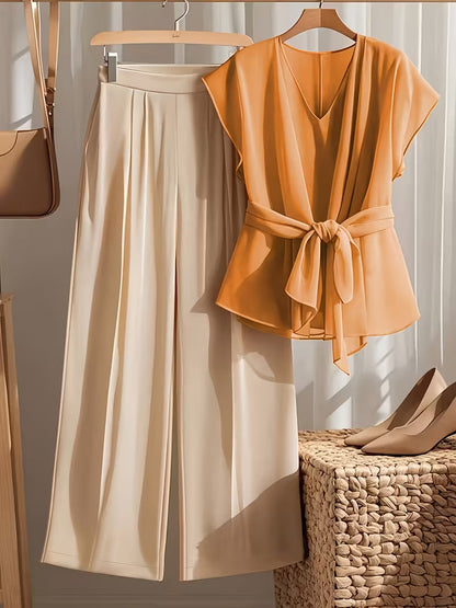 Chic Curve Tie-Up V Neck & Wide-Leg Set